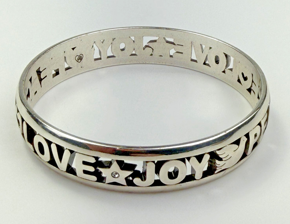 Brighton Bangle Bracelet Silver Tone Love Joy Peace Cutout Dove Womens 7.5 Inch